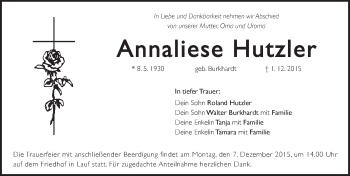 Traueranzeige von Annaliese Hutzler von Pegnitz-Zeitung