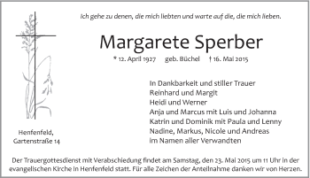 Traueranzeige von Margarete Sperber von Hersbrucker Zeitung