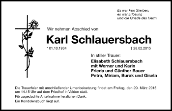 Traueranzeige von Karl Schlauersbach von Hersbrucker Zeitung