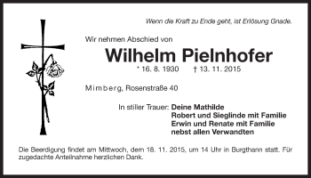 Traueranzeige von Wilhelm Pielnhofer von Der Bote