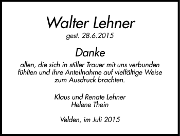Traueranzeige von Walter Lehner von Hersbrucker Zeitung
