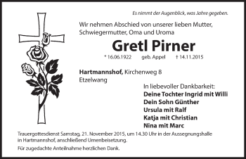 Traueranzeige von Gretl Pirner von Hersbrucker Zeitung
