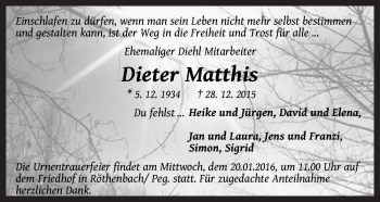 Traueranzeige von Dieter Matthis von Pegnitz-Zeitung