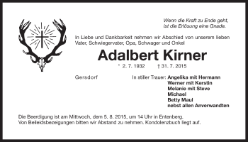 Traueranzeige von Adalbert Kirner von Der Bote