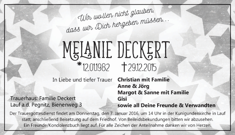  Traueranzeige für Melanie Deckert vom 04.01.2016 aus Pegnitz-Zeitung