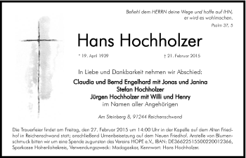 Traueranzeige von Hans Hochholzer von Hersbrucker Zeitung