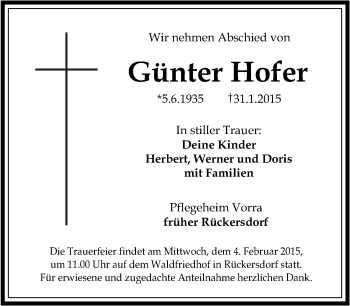 Traueranzeige von Günter Hofer von Pegnitz-Zeitung