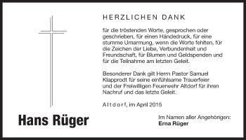 Traueranzeige von Hans Rüger von Der Bote