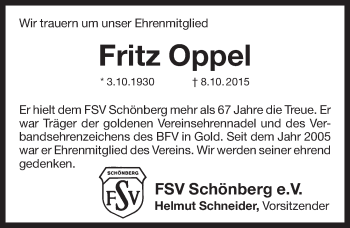Traueranzeige von Fritz Oppel von Pegnitz-Zeitung