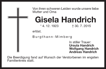 Traueranzeige von Gisela Handrich von Der Bote