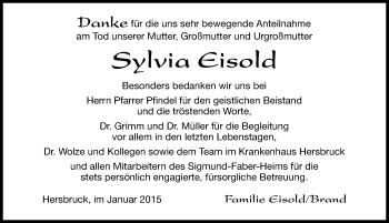 Traueranzeige von Sylvia Eisold von Hersbrucker Zeitung