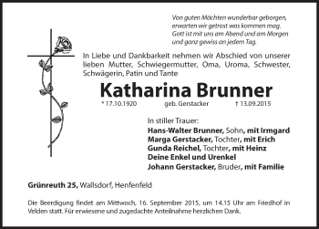 Traueranzeige von Katharina Brunner von Hersbrucker Zeitung