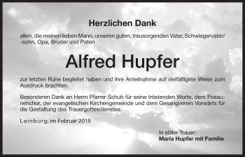 Traueranzeige von Alfred Hupfer von Der Bote