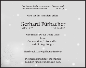 Traueranzeige von Gerhard Fürbacher von Hersbrucker Zeitung