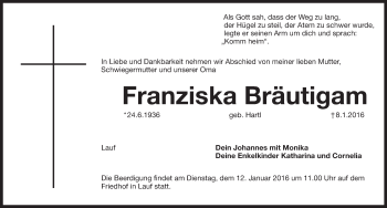Traueranzeige von Franziska Bräutigam von Pegnitz-Zeitung