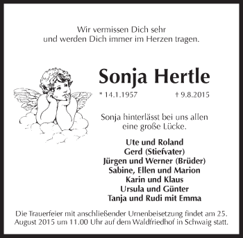 Traueranzeige von Sonja Hertle von Pegnitz-Zeitung