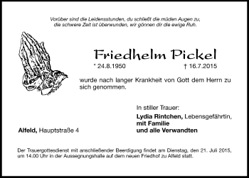 Traueranzeige von Friedhelm Pickel von Hersbrucker Zeitung