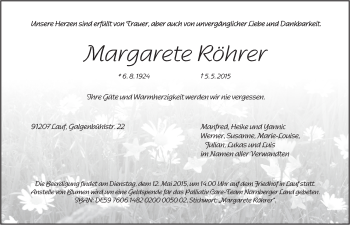 Traueranzeige von Margarete Röhrer von Pegnitz-Zeitung
