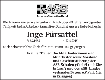 Traueranzeige von Inge Fürsattel von Pegnitz-Zeitung