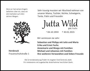 Traueranzeige von Jutta Wild von Hersbrucker Zeitung