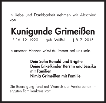 Traueranzeige von Kunigunde Grimeißen von Der Bote