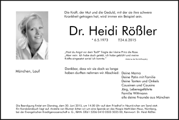 Traueranzeige von Heidi Rößler von Pegnitz-Zeitung