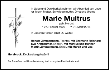 Traueranzeige von Marie Multrus von Hersbrucker Zeitung