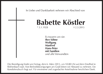 Traueranzeige von Babette Köstler von Pegnitz-Zeitung