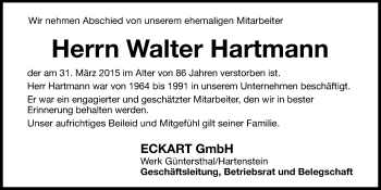 Traueranzeige von Walter Hartmann von Hersbrucker Zeitung