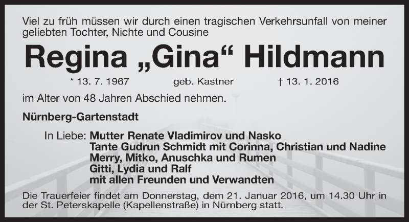 Traueranzeige für Regina Hildmann vom 16.01.2016 aus Pegnitz-Zeitung