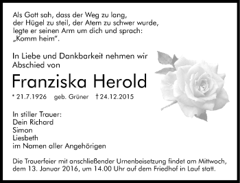 Traueranzeige von Franziska Herold von Pegnitz-Zeitung