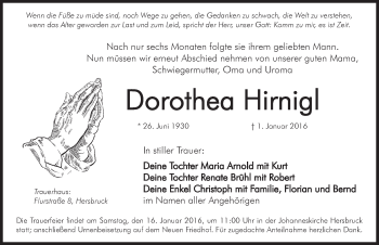 Traueranzeige von Dorothea Hirnigl von Hersbrucker Zeitung