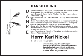 Traueranzeige von Karl Nickel von Der Bote