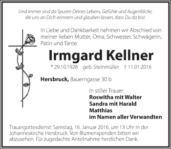 Traueranzeige von Irmgard Kellner von Hersbrucker Zeitung