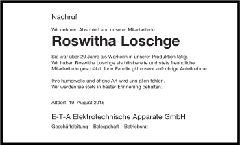 Traueranzeige von Roswitha Loschge von Der Bote