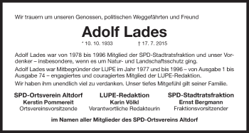 Traueranzeige von Adolf Lades von Der Bote