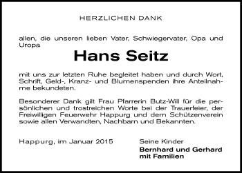 Traueranzeige von Hans Seitz von Hersbrucker Zeitung