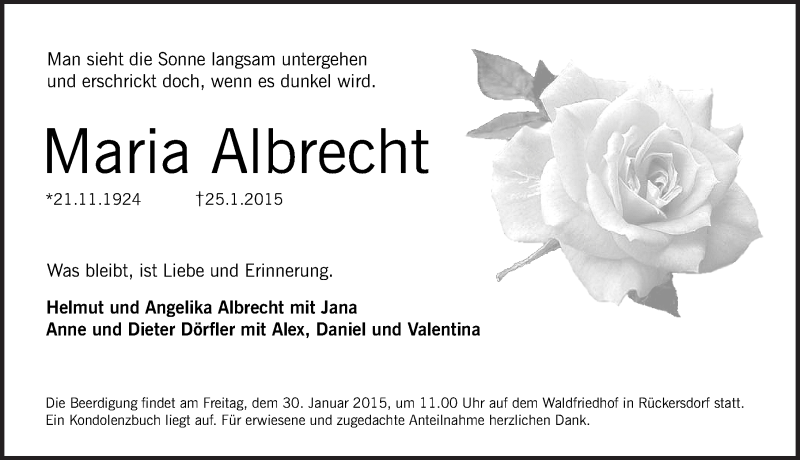  Traueranzeige für Maria Albrecht vom 28.01.2015 aus Pegnitz-Zeitung