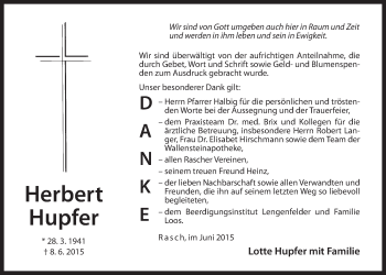 Traueranzeige von Herbert Hupfer von Der Bote