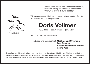 Traueranzeige von Doris Vollmer von Der Bote