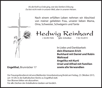 Traueranzeige von Hedwig Reinhard von Hersbrucker Zeitung