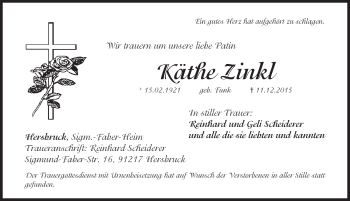Traueranzeige von Käthe Zinkl von Hersbrucker Zeitung