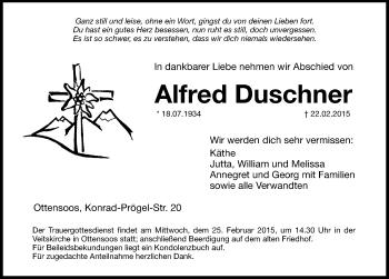 Traueranzeige von Alfred Duschner von Hersbrucker Zeitung
