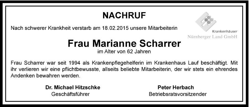  Traueranzeige für Marianne Scharrer vom 23.02.2015 aus Hersbrucker Zeitung