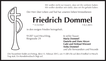 Traueranzeige von Friedrich Dommel von Pegnitz-Zeitung