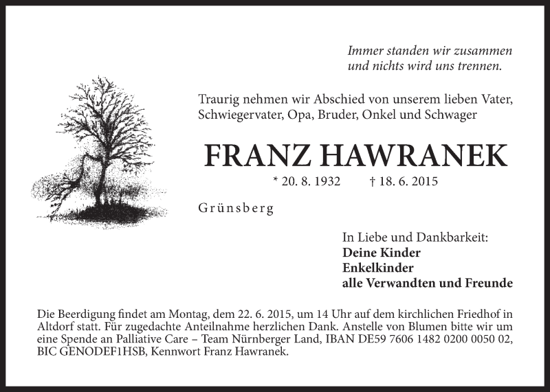  Traueranzeige für Franz Hawranek vom 20.06.2015 aus Der Bote