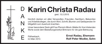 Traueranzeige von Karin Christa Radau von Pegnitz-Zeitung