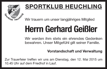 Traueranzeige von Gerhard Geißler von Pegnitz-Zeitung
