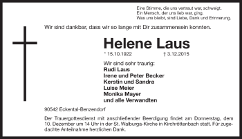 Traueranzeige von Helene Laus von Pegnitz-Zeitung