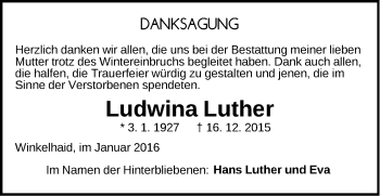 Traueranzeige von Ludwina Luther von Der Bote